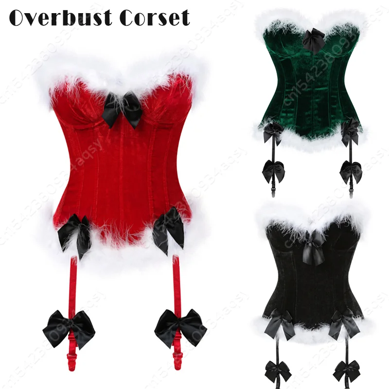 

Overbust Corset With Zipper Gothice Corset With Feathers Burlesque Corset Top Santa Costume Sexy Red Green