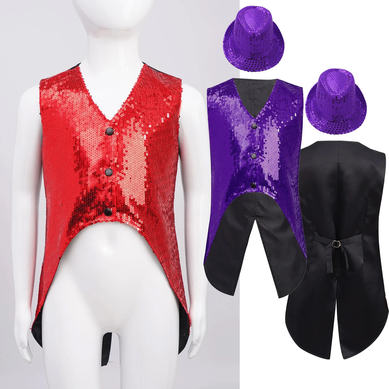 

Kids Boys Girls Glittery Sequin Dance Vest Tops Sleeveless Asymmetrical Hem Tuxedo Waistcoat with Hat for Jazz Stage Performance