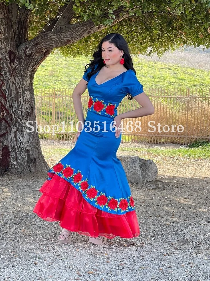 Vestido de graduación bordado Floral azul sin tirantes, sirena hecha a mano, estilo mexicano, fiesta Invisible, vestido Formal con cremallera