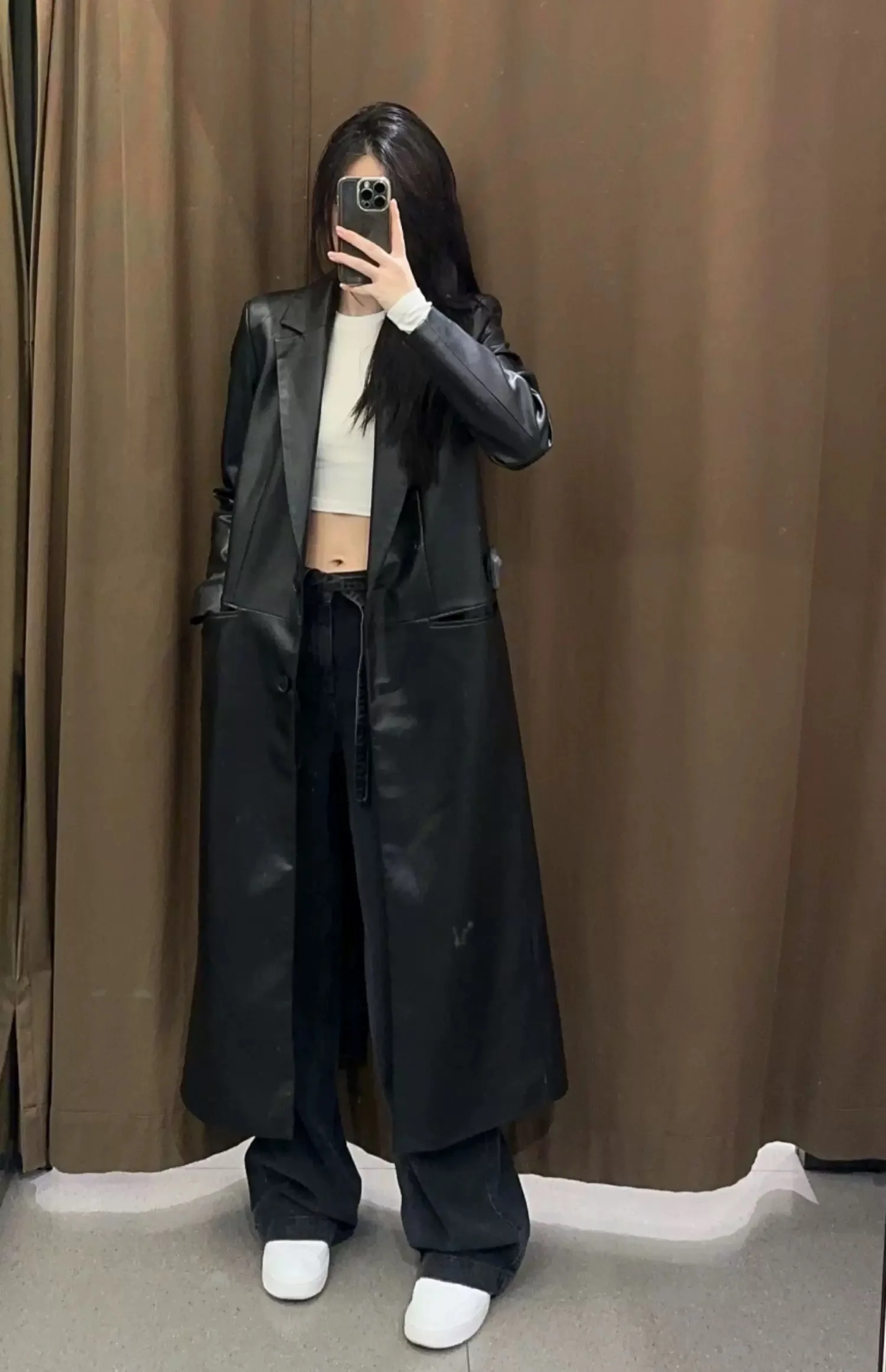 

Black Leatherette Coat Women's Mid-Length Elegant Style Autumn Winter New Arrival Fashion Outerwear Casual Business Suit