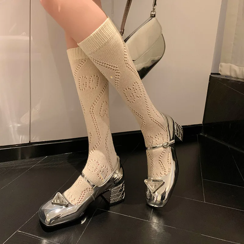 MKKHOU Fashion Pumps New High Quality True Leather Triangle Button Round Head Mid Heel Sandals Daily Commuter Modern Shoes Women