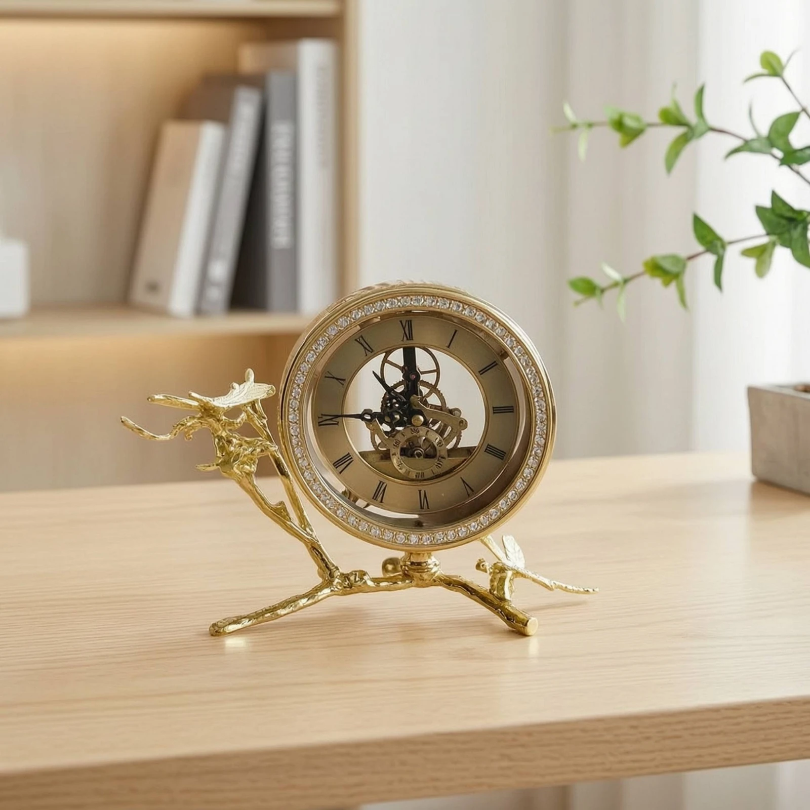 Decorative Clock Gold Finish Clock with Roman Numerals Classic Compact for Desk, Nightstand