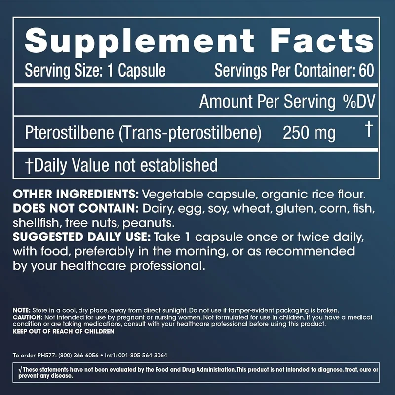 Pterostilbene Pro 250 (60 Capsules) Lifespan | Strong Antioxidant. Support Healthy Aging, Heart Health, and Brain Cell Health.