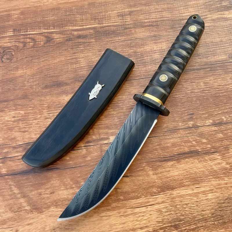 

Damascus Steel Owl Wooden Sheath Straight Knife Hardness Handmade Knife Camping Mountaineering Meat Cutting Fruit Knife