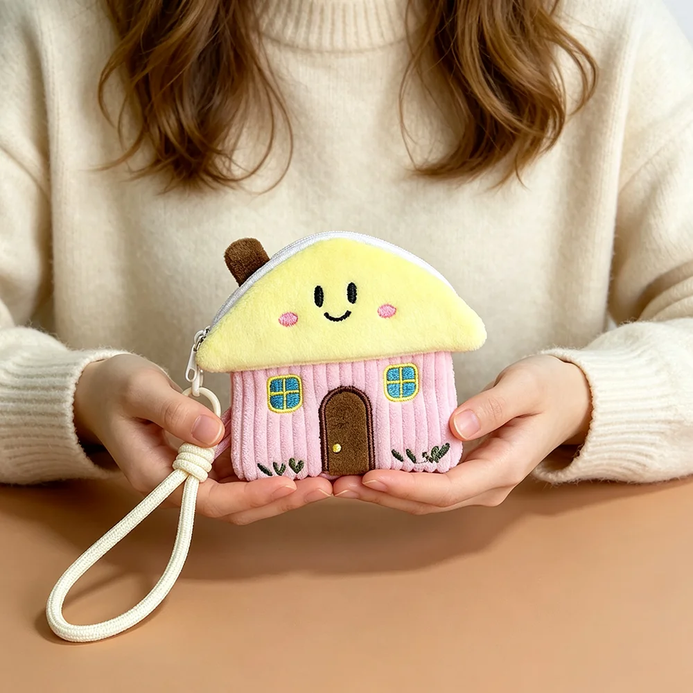 

Mini Plush Wallet Cute House Coin Purse with Wristlet Corduroy Cartoon Key Holder Kawaii Small Zipper Pouch for Girls