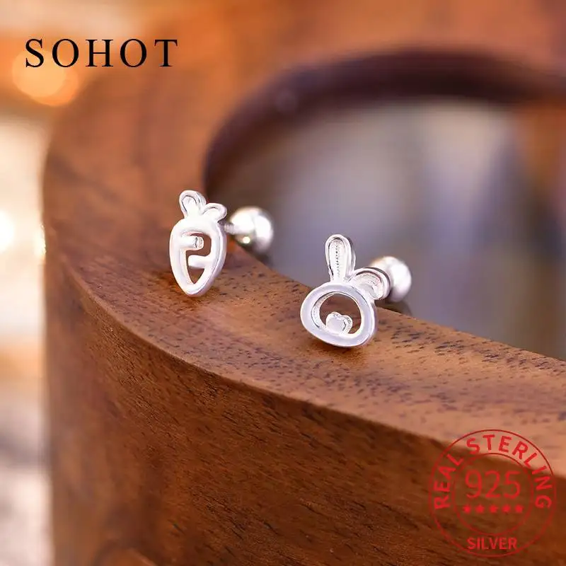

Real 925 Sterling Silver Rabbit Carrot Asymmetric Mini Stud Earrings for Women Party Fine Jewelry Ear Hole Care Accessories