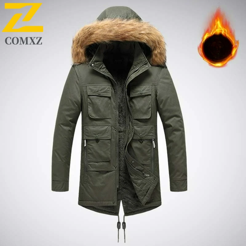 2025 Men's Autumn Winter Jacket Fleece Lined Warmth Pure Cotton Thickened Cotton Mid-Length Coat Outdoor Sports Fishing Parka