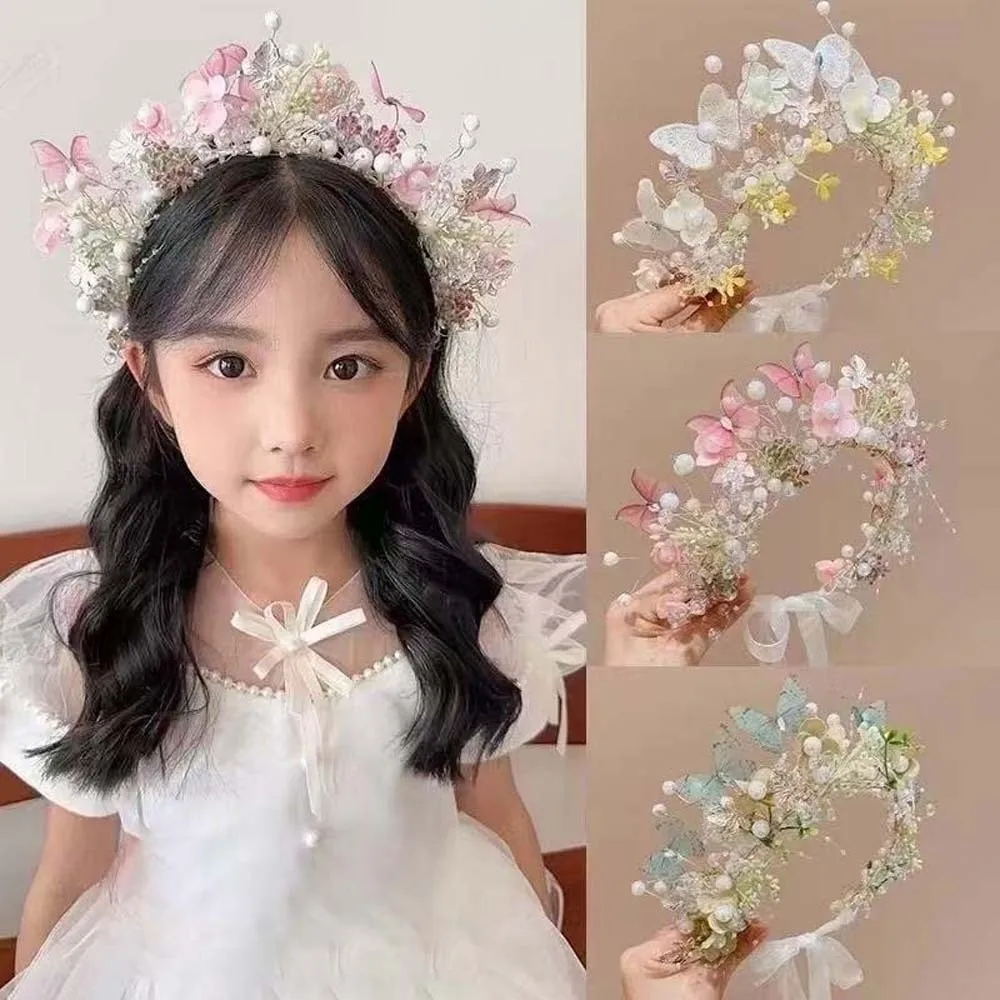 

Bohemia Style Butterfly Fairy Hair Hoop Beads Simulation Flower Flower Headdress Hair Ornaments Silk Ribbon Wreath Headband