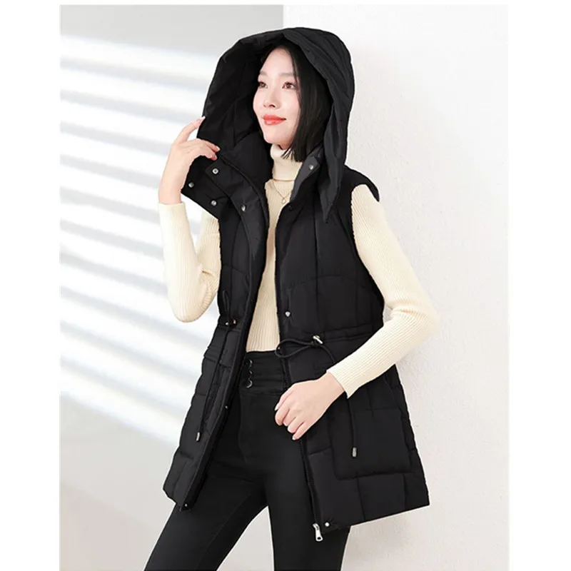 

Autumn Winter New Mid-Length Down Cotton Vest Women Stand-Up Collar Big Pocket Thick Sleeveless Jacket Female Waistcoat T1593