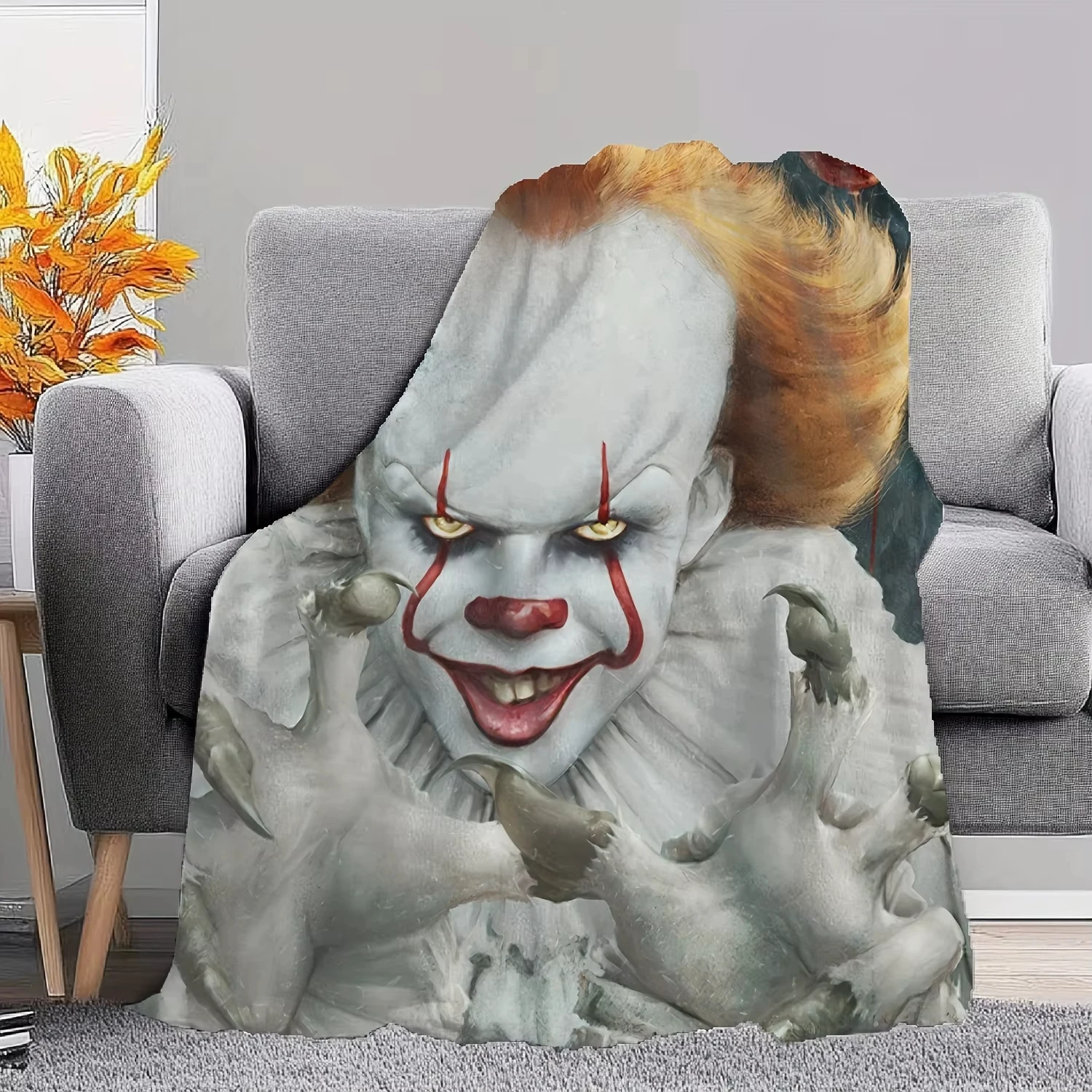 VIKAMA مهرج يعود Pennywise غطاء مخيف بطانية Redhead مهرج الدم الملون مبتسم بالون أحمر داكن بطانية حفلة الهالوين