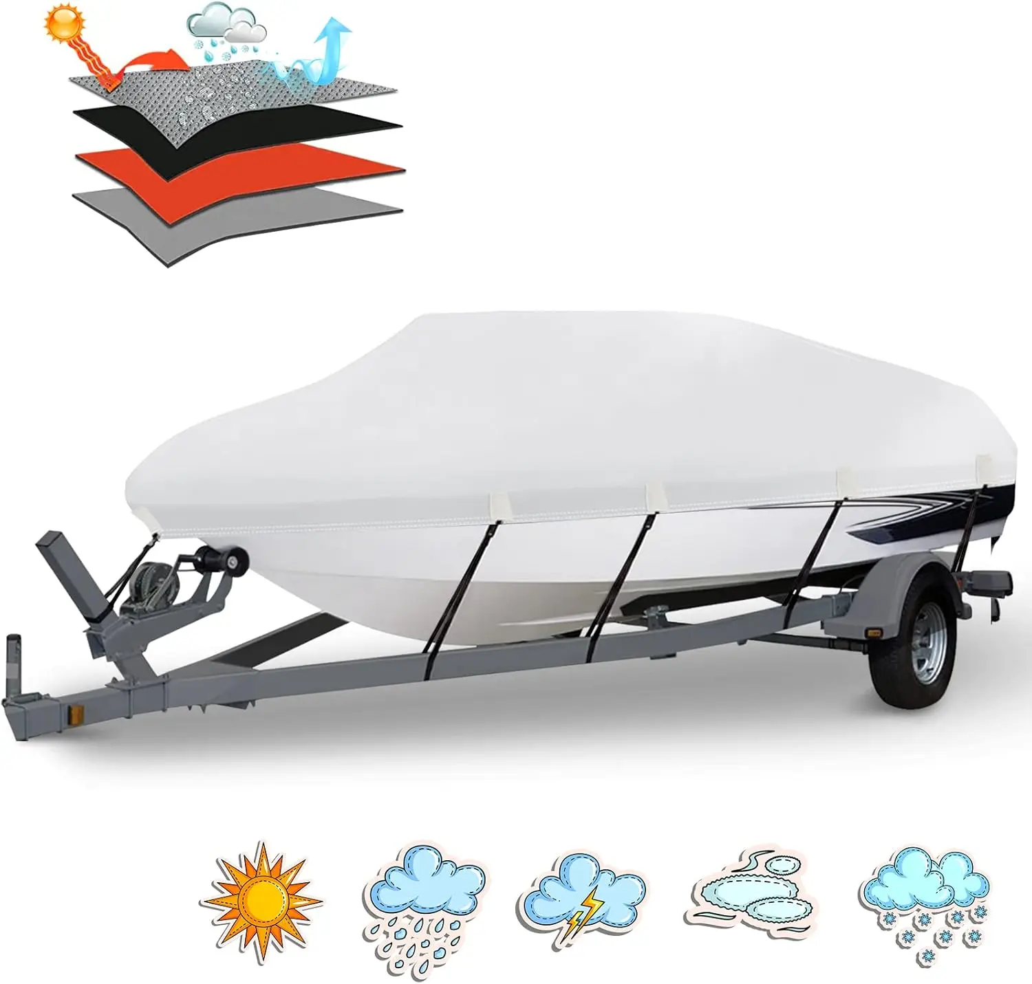 

Heavy Duty 1200D PU Waterproof Boat Cover 20-22ft for V-Hull Runabout Fishing Boat Trailerable with Straps