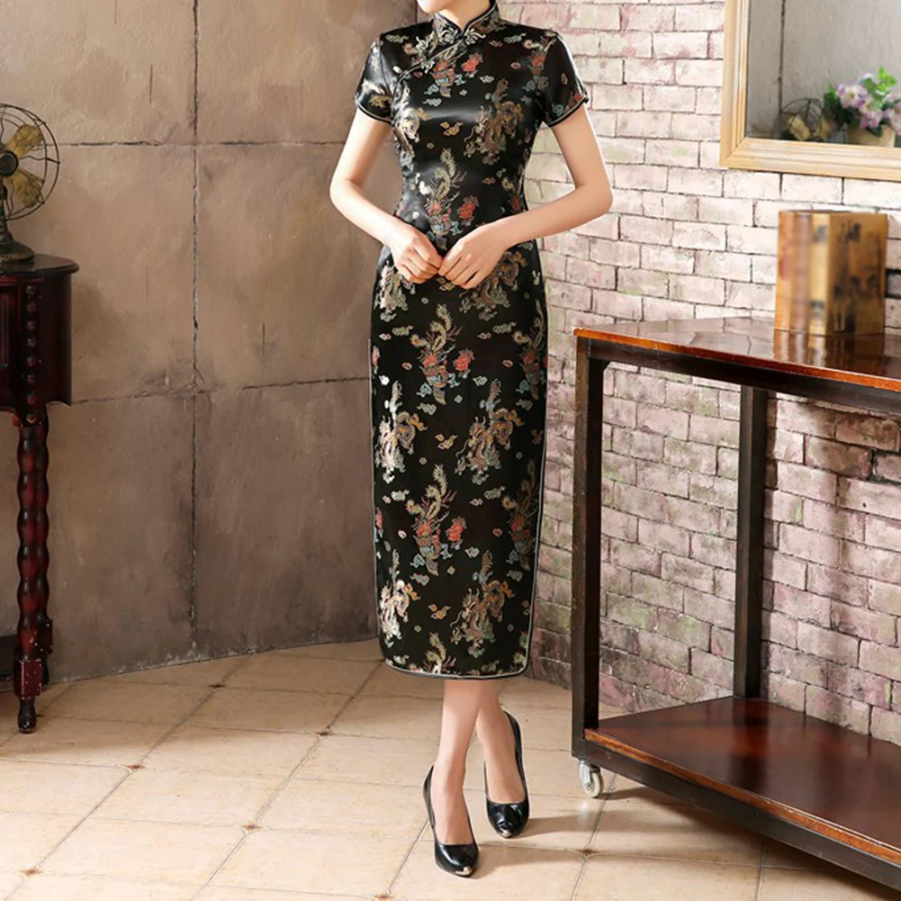 Vestido Cheongsam para mujer, largo, ajustado, estilo tradicional chino dividido con cuello levantado, adecuado para todas las ocasiones