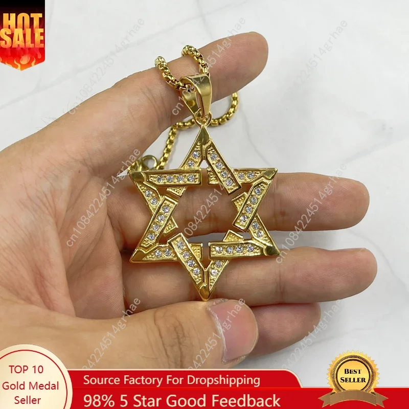 

Hip Hop New Hexagram Star of David Pendant Necklace For Men Gold Color Stainless Steel Israel Jewish Iced Out Bling Jewelry