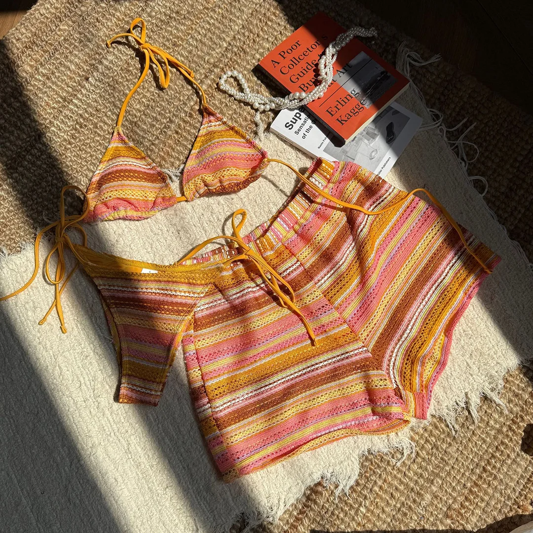 Neuer, aufreizender, gestreifter Bikini mit Neckholder-Ausschnitt, Damen-Badeanzug, dreiteiliges Bikini-Set mit Shorts, Damen-Badebekleidung, Badeanzug, Badebekleidung, Modell V6326. – Detail 11