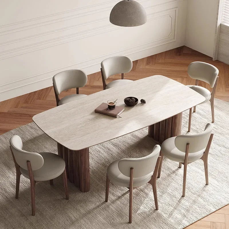 Second-hand solid wood dining table and chairs 2024 new small apartment home designer walnut color rectangular slate dining
