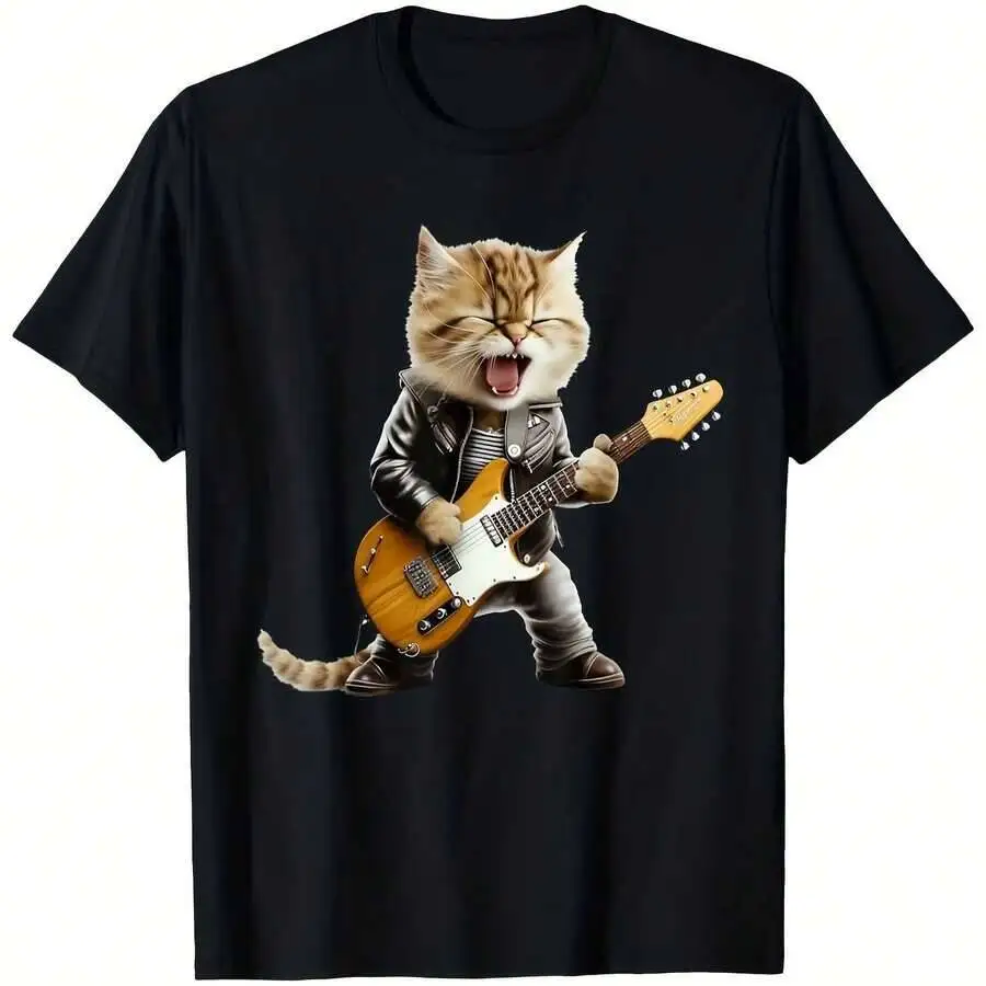 Graphic Tees Funny Guitar Cat Rock Band Vintage Print T-Shirt For Men Women, Summer Crew Neck Short Sleeve Tops 100% Cotton