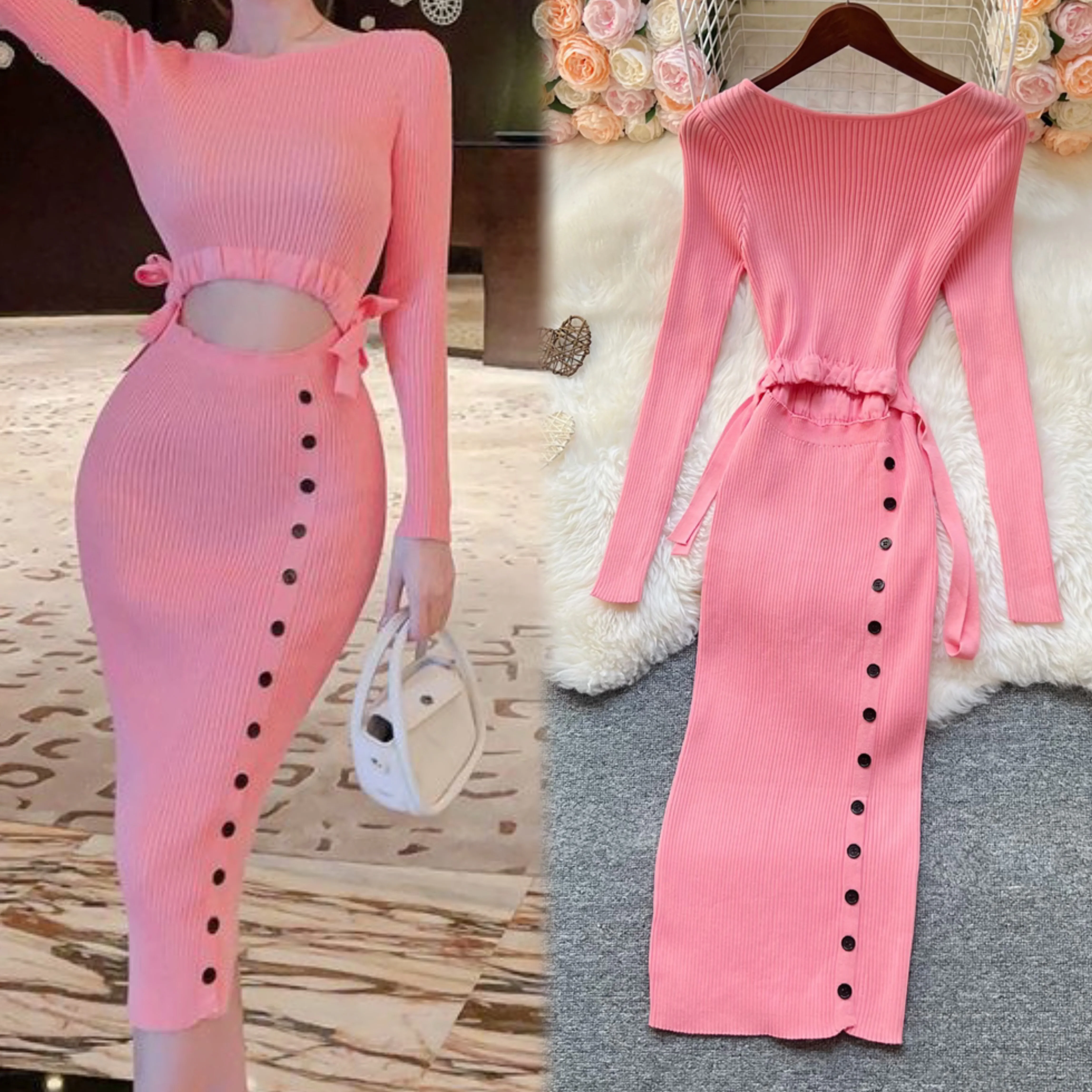 YuooMuoo – robe une pièce Chic, mode, ventre nu, boutons Y2K, Sexy, paquet de hanches, tricotée, robe de soirée pour dames, automne 2025