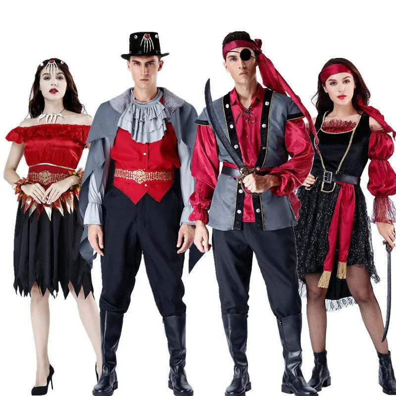 

Men's Halloween Caribbean Pirate Cosplay Count Jack Sparrow Performance Costume Couple's Outfit Traditional Chinese S...