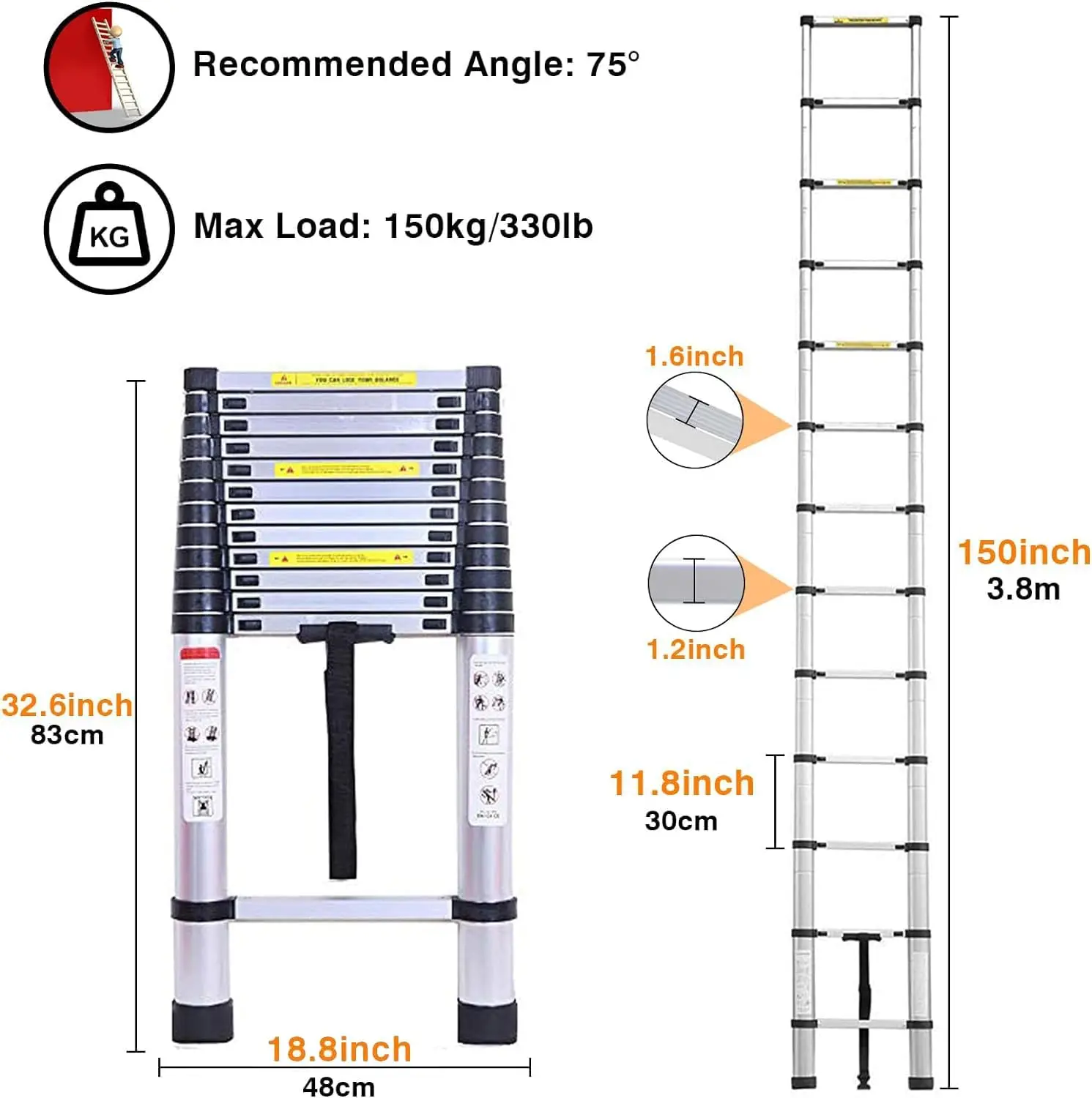 DayPlus Telescopic Ladder with Retractable Steps, Folding Aluminum Home Ladder Scaffolding, Load Capacity 150kg (3.8 m/12.5FT)