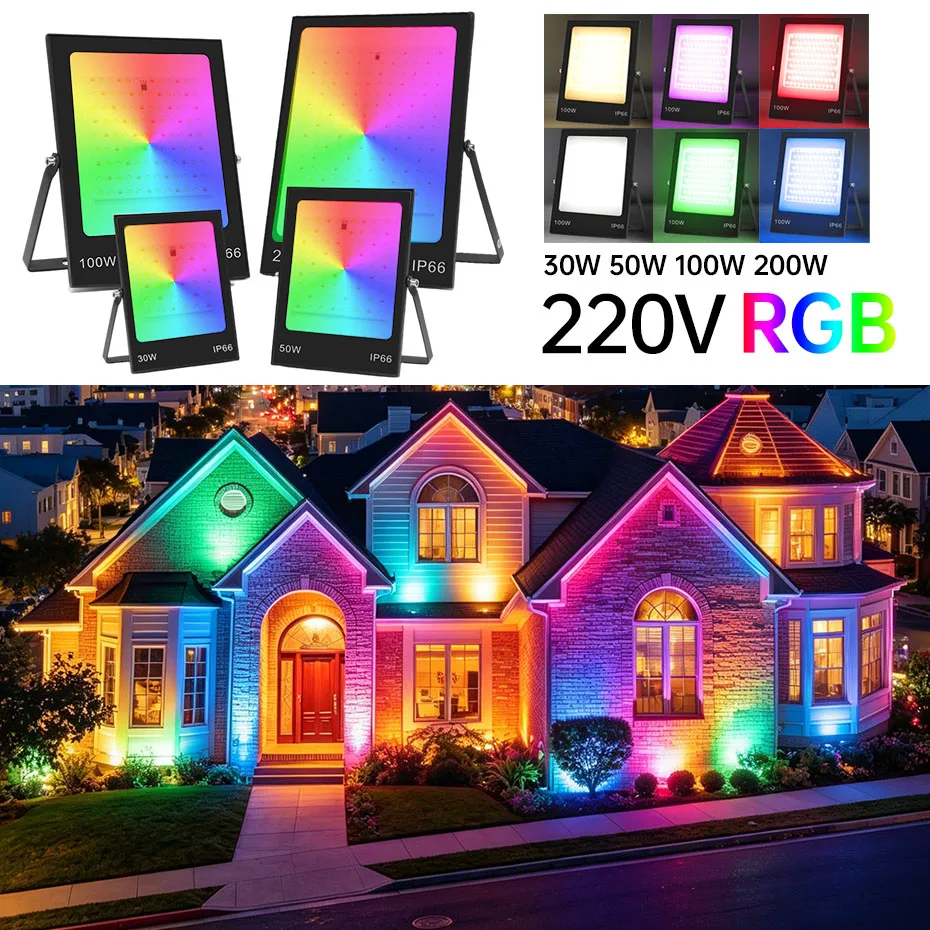 220V RGB Floodlight 30W-200W IP66 Waterproof Ultra Thin Reflector Spotlight with Remote Control for Outdoor Wall Street Garden