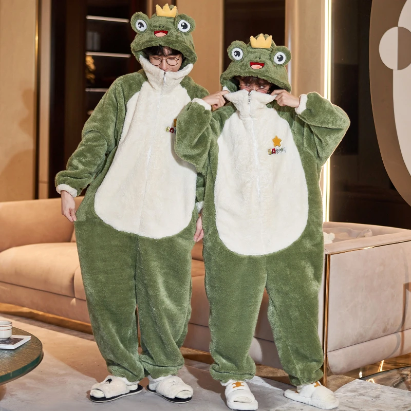 Kigurumis Winter Sleepwear Women Men Couples Nightwears for Ladies Thicken Frog Jumpsuits Kawaii Cute Cartoon Pajamas Men Pajama