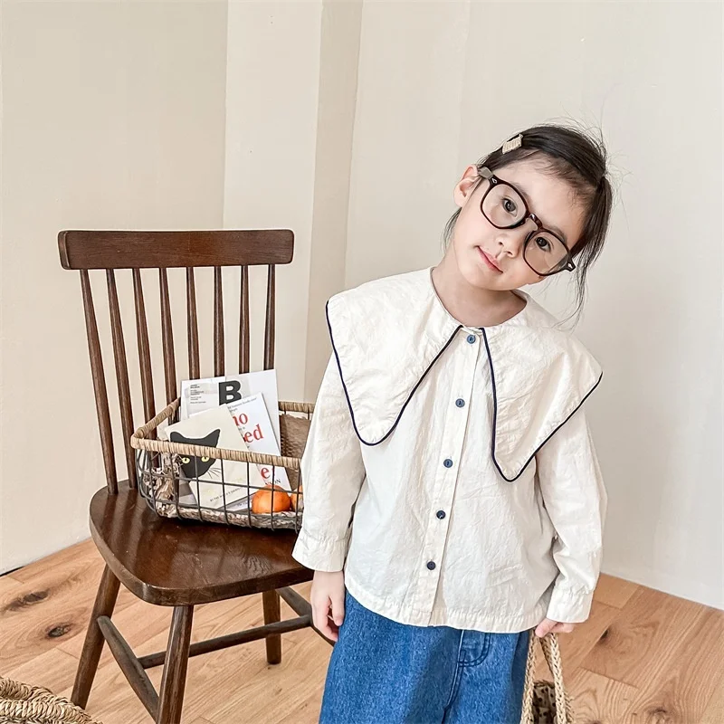 

2026 Children's Clothes Girl's Shirt Spring New Large Lapel Washed Cotton Girl's Shirt 1-7Year Children's Shirt Blouse