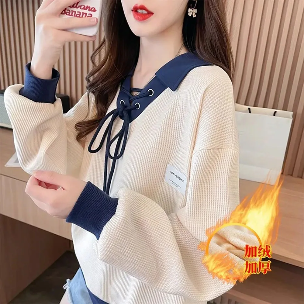 

Autumn Winter New Contrast Lacing Loose Sweatshirts Polo Neck Long Sleeve Patchwork Pullovers Tops Casual Fashion Women Clothing