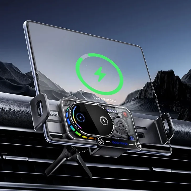 ワイヤレスカーチャージャーホルダー-回転式デュアルコイル-自動クランプ-led急速充電スタンド-samsung-galaxy-z-fold-7-6-iphone対応