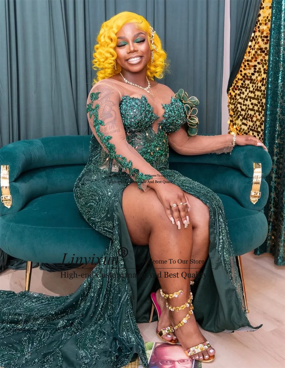 글리터 스팽글 레이스 프롬 드레스 맞춤형 크리스탈 다이아몬드 머메이드 웨딩 이브닝 파티 가운 섹시 아소 에비 롱 로브 드 소와레