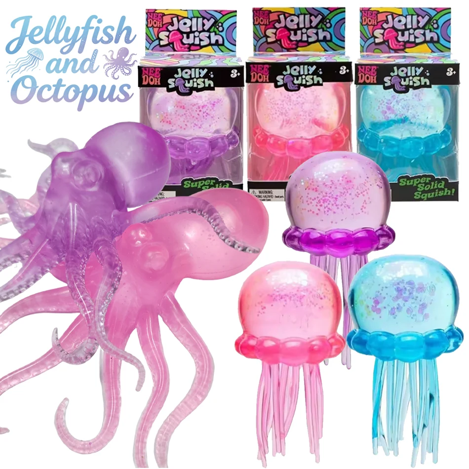 Kawai Squishies Nee Doh Jellyfish and Octopus Squish Toy Fidget Toy, Water Sensory Soft Jelly Squeeze Stress Relief Fidget Gift