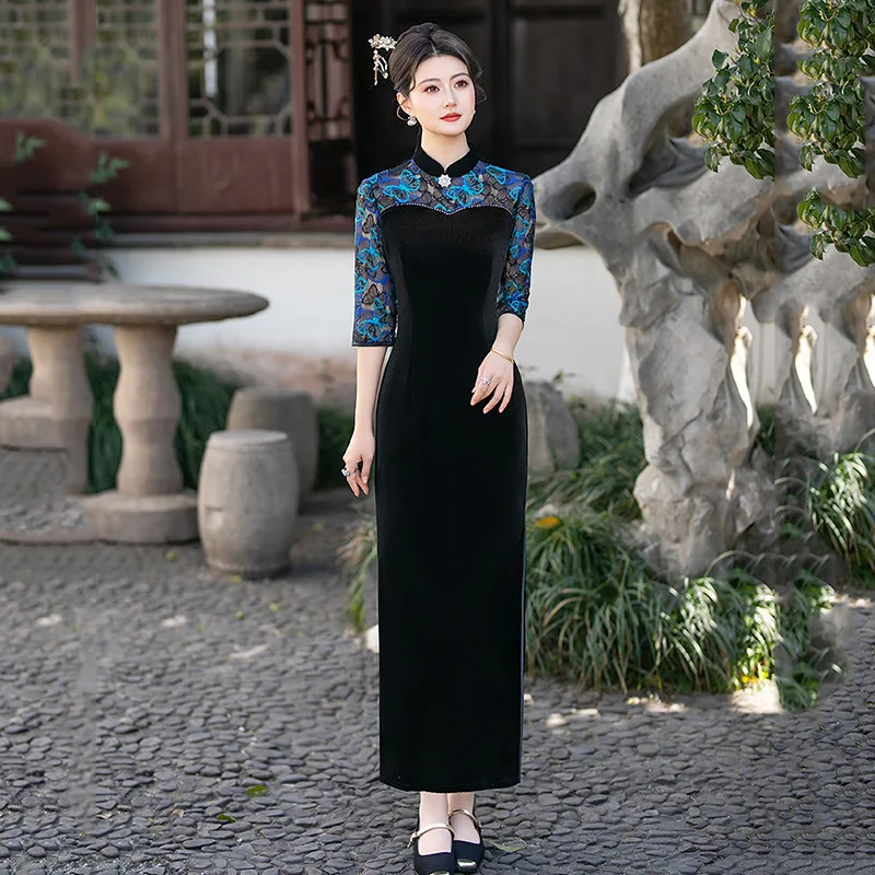 

Элегантное и утягивающее платье Cheongsam, элегантное синее лоскутное платье с бабочкой в китайском стиле, повседневное женское платье Ципао в стиле ретро