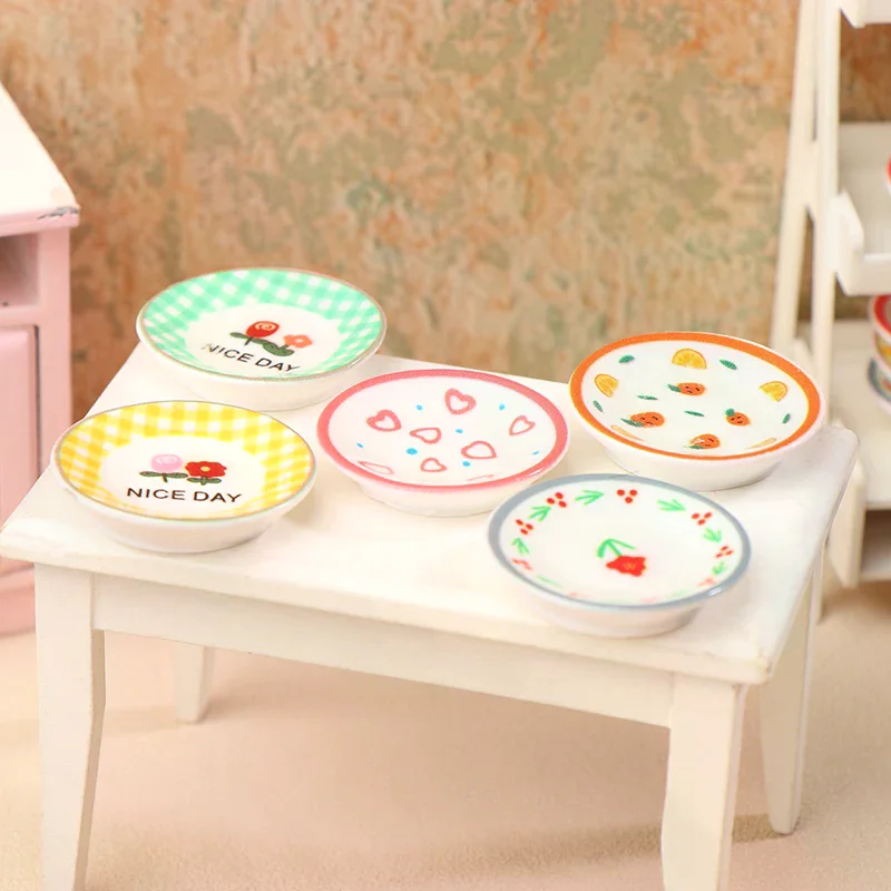 5Pcs 1/12 Dollhouse Mini Simulation Plates Dishes Model Kitchen Accessories For Dolls House Decoration Kids Pretend Play Toys