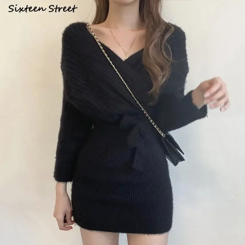 Chic Elegant Wool Dress Women Cross V-neck Chic Autumn Thicken Mini Knitted Vestido Apricot Street Soft Knitwear Winter