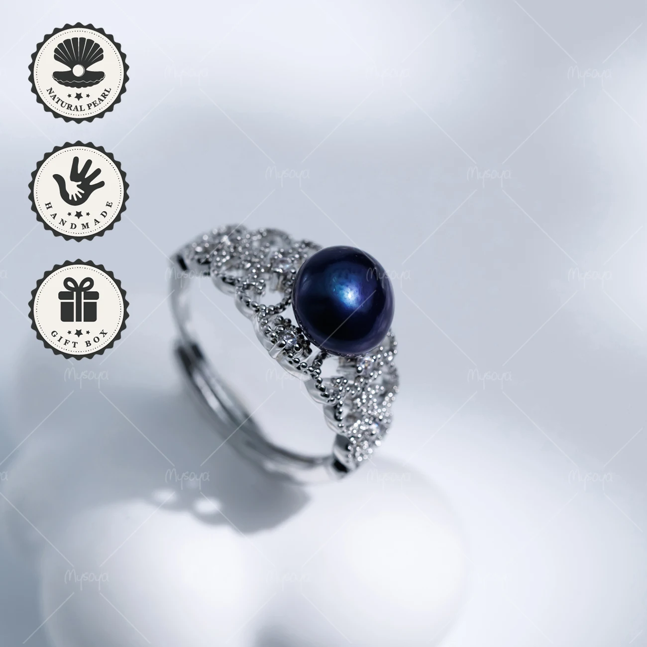 

Кольцо MYSOYA с черным пресноводным жемчугом 8-9 мм, серебристый ажурный дизайн, в подарочной коробке, подарок на день рождения, подарок на День святого Валентина