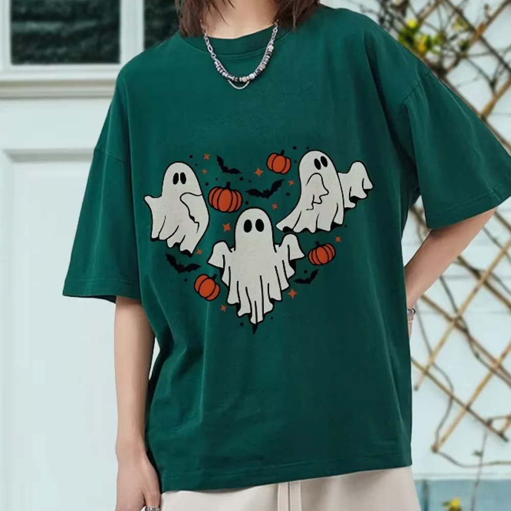 

Graphic T-Shirt Ghosts Pumpkins Heart Y2k Print T-Shirt Festive Halloween Washed Cotton Casual Wear Trendy Design Fun Vibe Tee