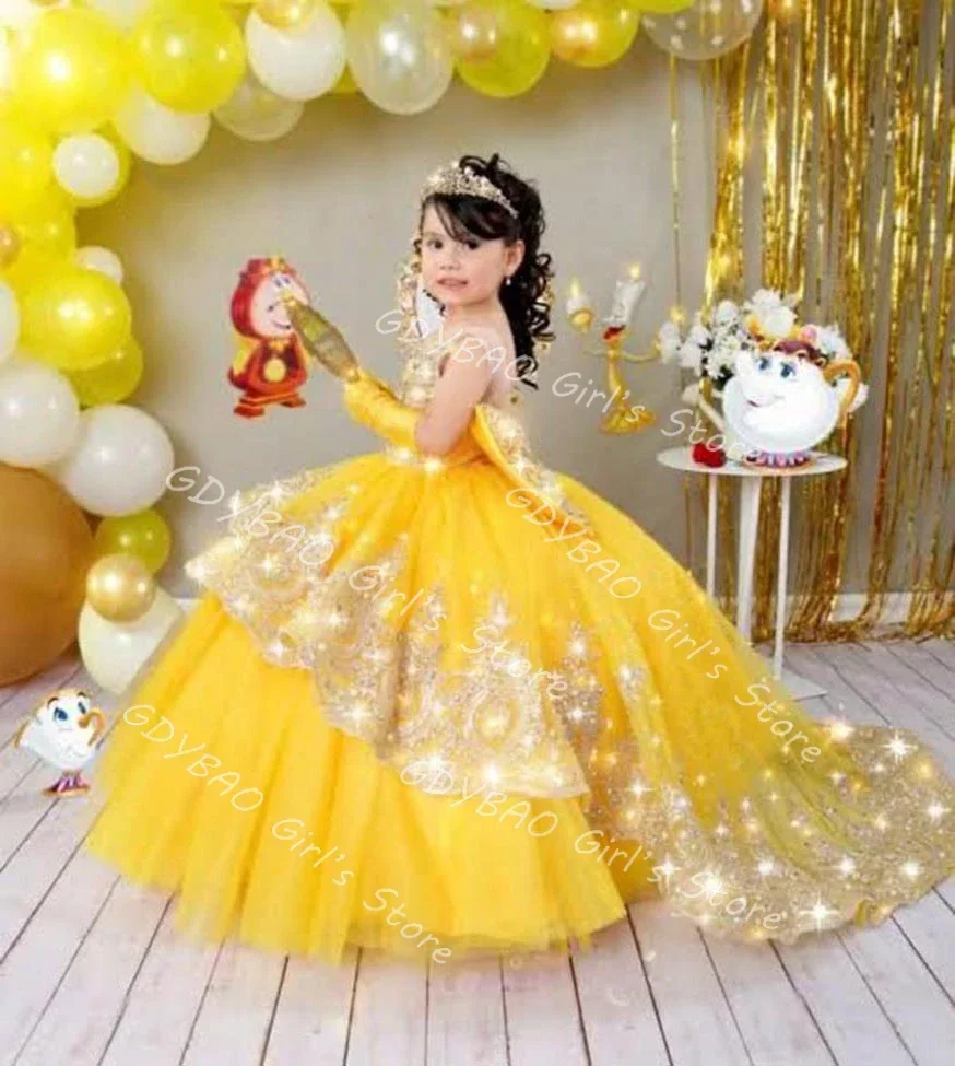 

Lace Beaded Flower Girl Dresses 2025 Gold Children Tulle Layered Princess Pageant Dress Birthday Party Gown Custom Made Vestidos