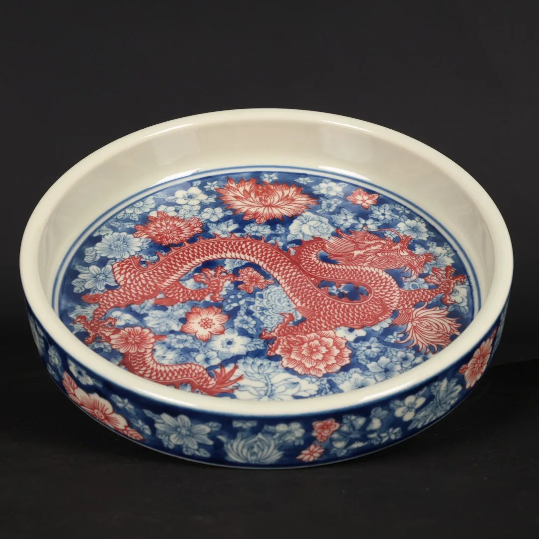 Jingdezhen Blue and White Glazed Red Wanhua Red Dragon Pattern Tea Washed Retro Porcelain Ornament