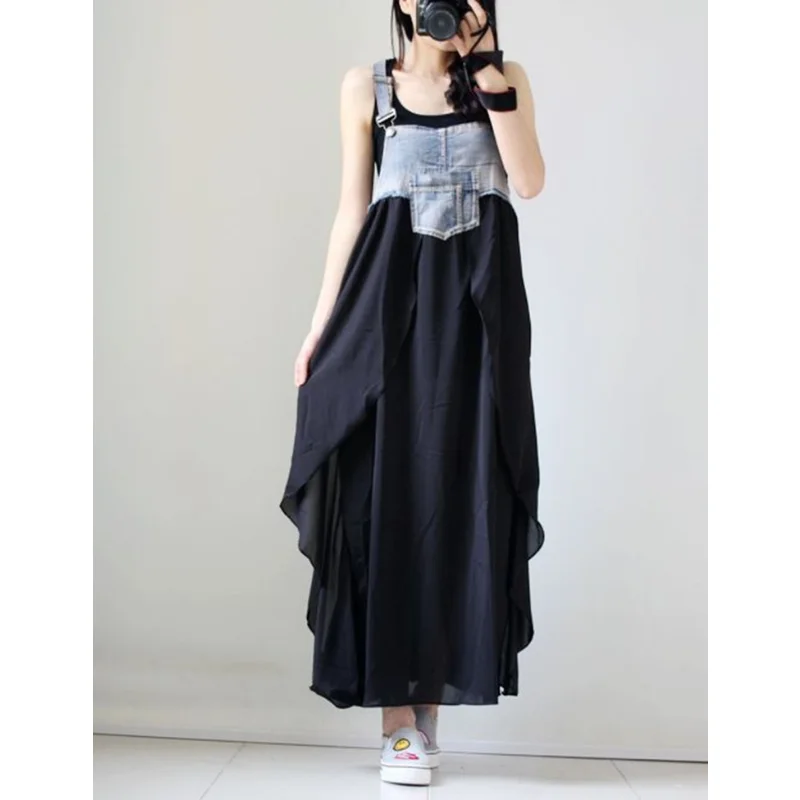 2024 New classic Women Summer Braces Dress Denim Patchwork Maxi Dress Bottom High Waist Loose Casual Beach Dress