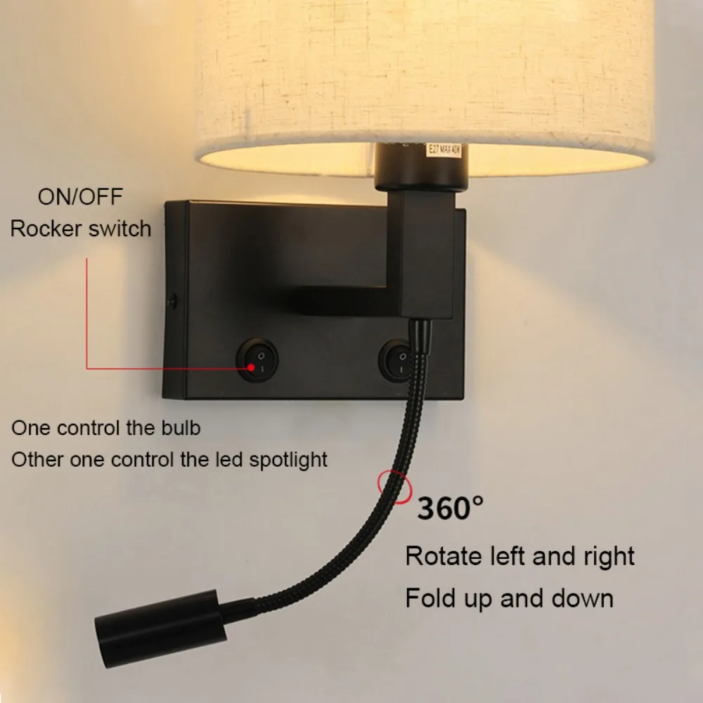 Imagem -04 - Dual Led Lâmpada de Parede com Interruptor Estudo Luz de Leitura Quarto Cabeceira Hotel Indoor Decor Lights E27 Lâmpada Dual Light Source