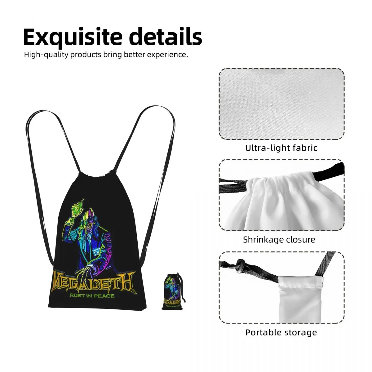 Megadeth Rock Band Dave Mustaine Drawstring Backpack Sports Gym Bag Portable Travel Drawstring Bag for Men Women