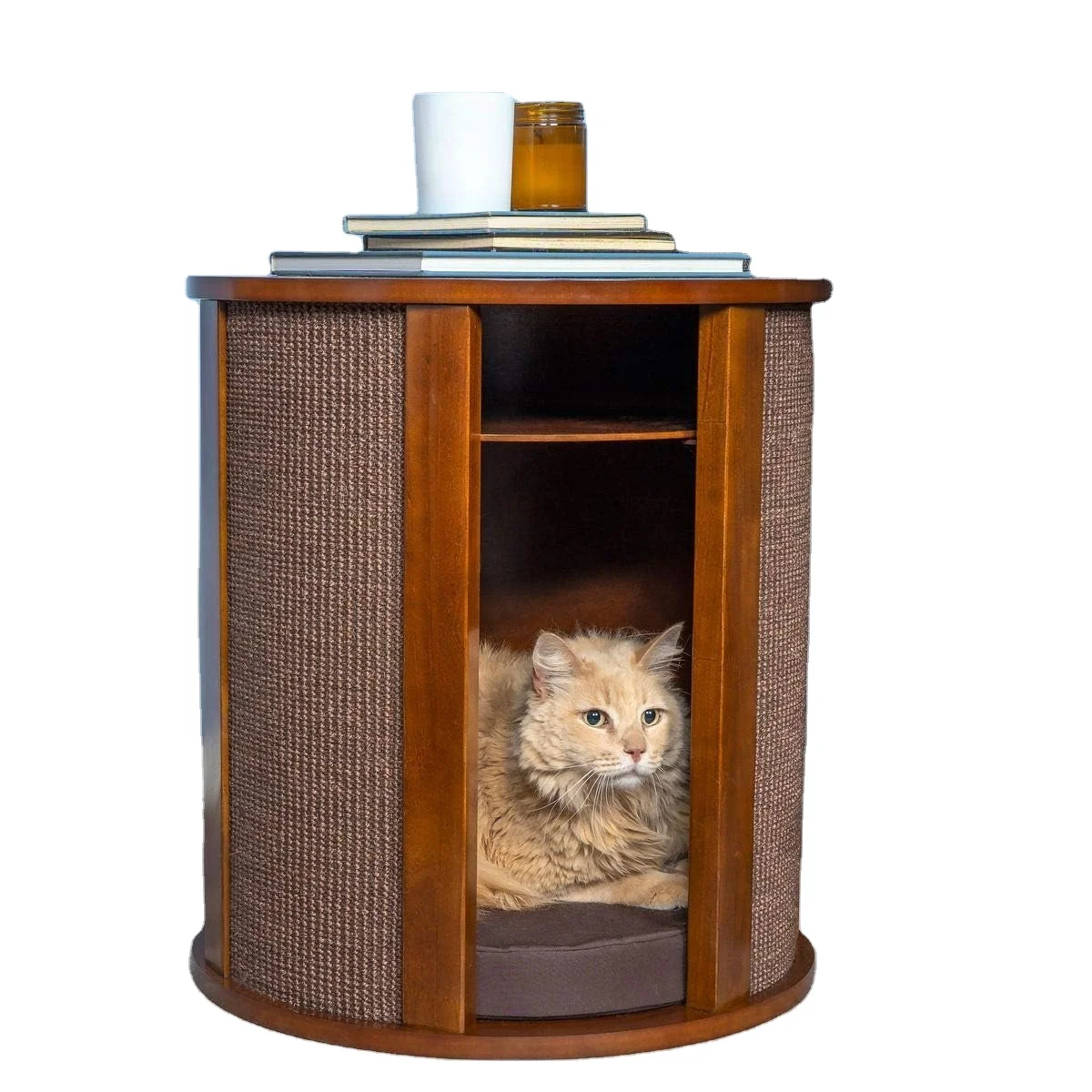 Wholesale Modern Multipurpose wood Mahogany Brown Replaceable Scratching Post Wood Cat Furniture Nightstand