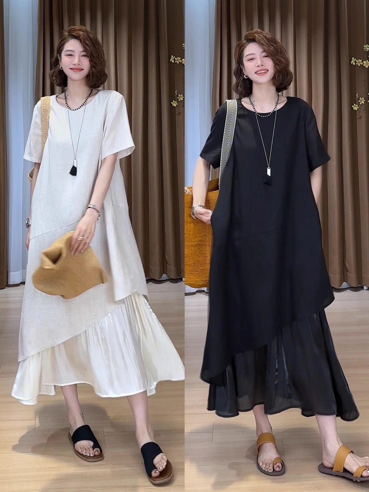 

Casual Loose Cotton Linen Summer Dr for Plump Women High Waist A-Line Skirt ort Sve round Ne Hidden Meat Long Dr