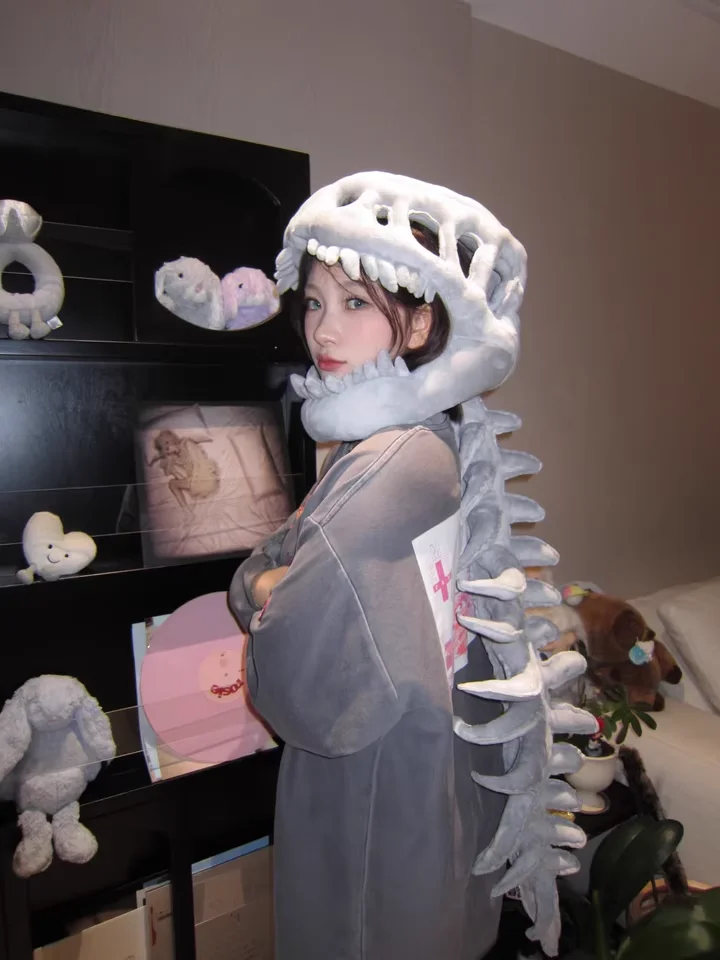 لو هان نفس القطيفة ديناصور الهيكل العظمي غطاء رأس هالوين زي ألعاب من نسيج مخملي مضحك ديناصور الهيكل الخارجي دمية