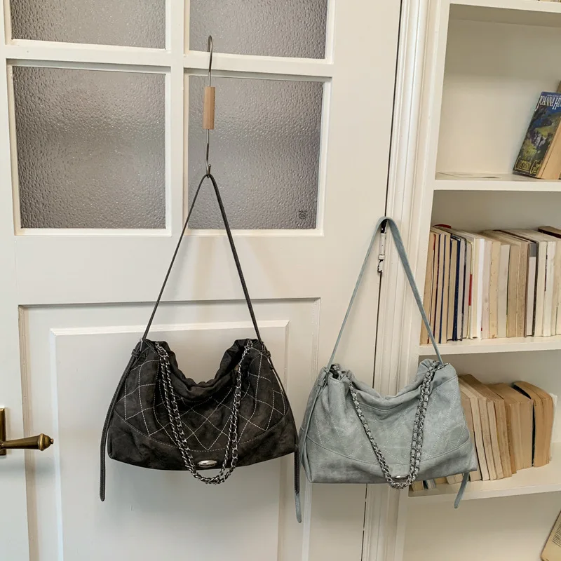 

New Fashion Women Shoulder Crossbody Bag Diamond Lattice PU Bucket Tote Bag Large Capacity Chain Underarm Commute Bag