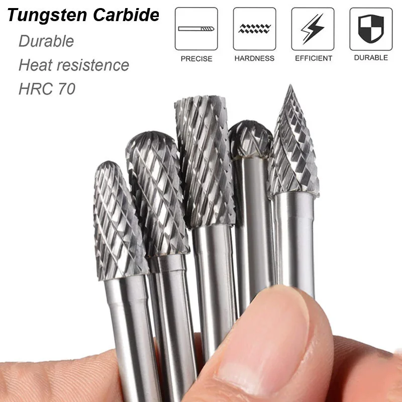 Tungsten Carbide Burrs Set 6mm Shank Double Cut Solid Power Tools Rotary Files Bits for Die Grinder Metal Wood Cutter Milling