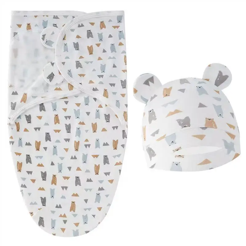 طفل بطانية طقم قبعات الكرتون المطبوعة القطن الوليد قماط قابل للتعديل الرضع النوم قماط يلتف جميع الفصول 0-6 أشهر #4