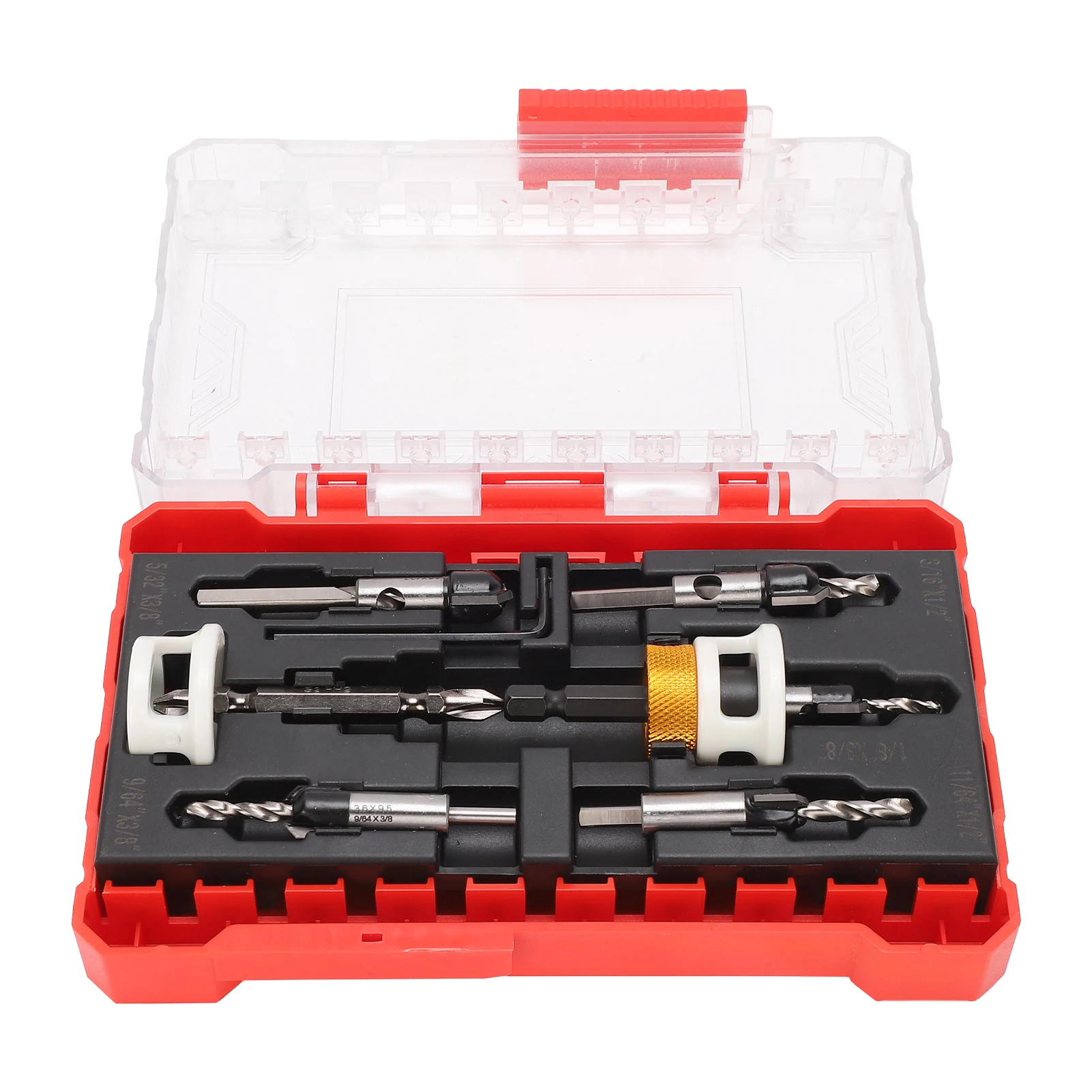 

8PCS Countersink Drill Bit Set with Depth Stop and Hex Shank Adapter for Wood Screws, Includes 5 Center Bits 1/8" to 3/16", Wren