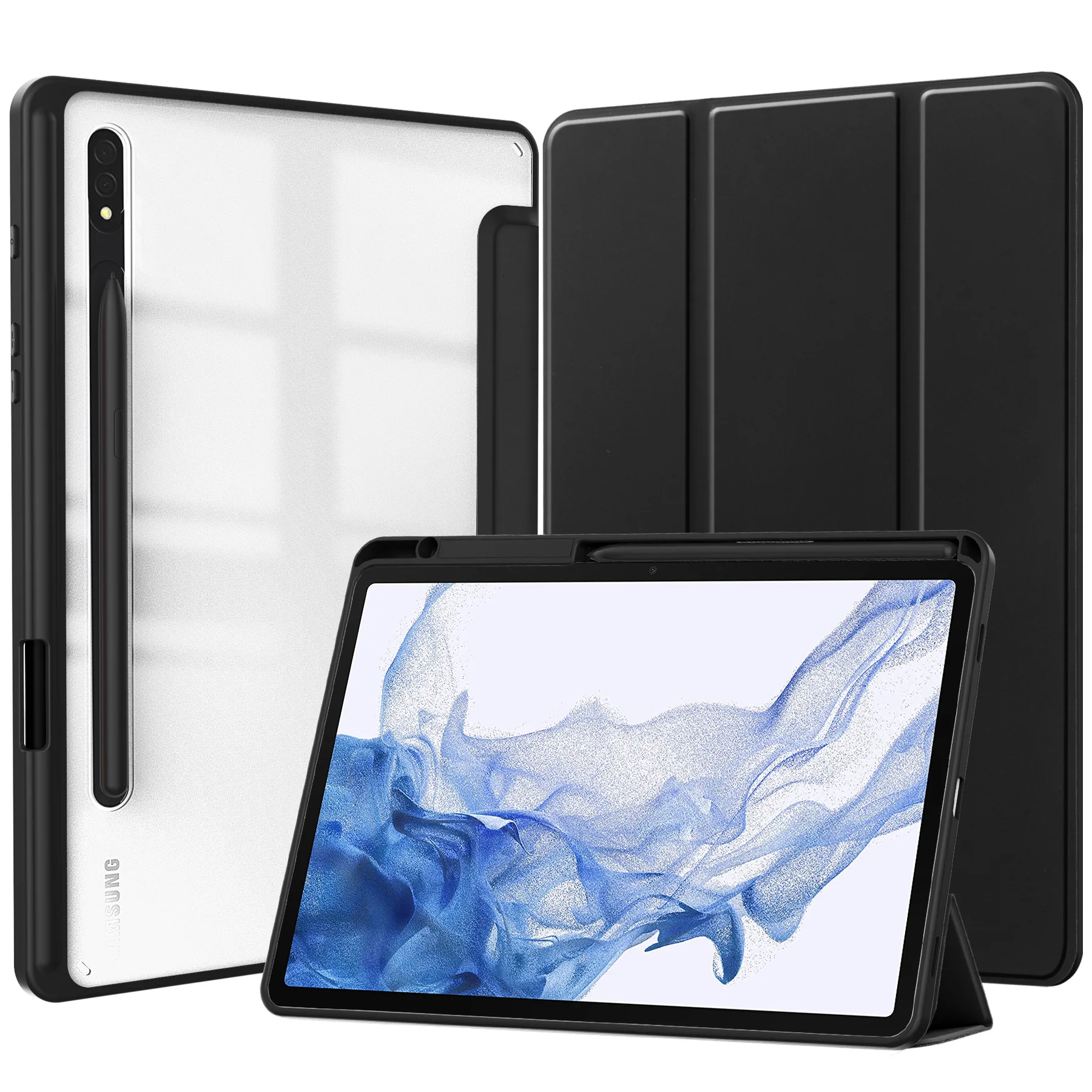 Compatível com Samsung galaxy S6 lite galaxy S7 S8 S9 A9 plus Tablet Case Acrílico Transparente Tri-fold Anti-Caduta Capa de Couro