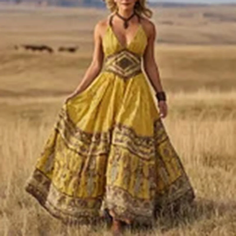 فستان ماكسي نسائي بوهيمي غربي بياقة على شكل V، بطبعة عرقية وقصة إمباير، بأشرطة رفيعة، مناسب للربيع والصيف والشاطئ والعطلات