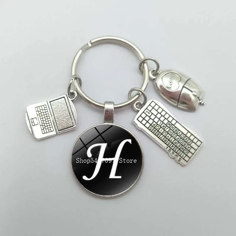 Hot sale A-Z letter laptop mouse keyboard keychain fashion glass key ring DIY metal bracket jewelry gift